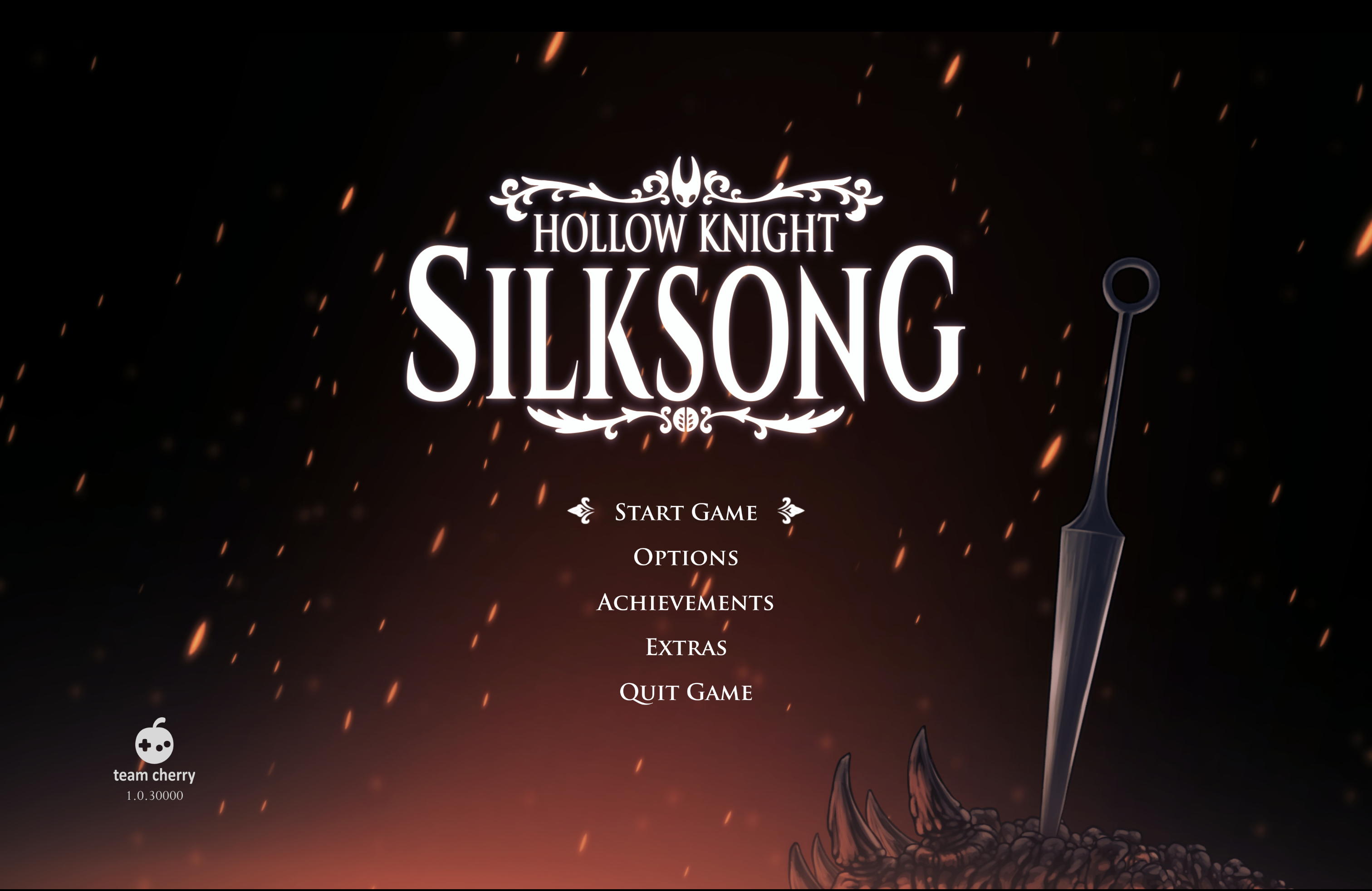 Hollow Knight: Silksong title screen, with the game title centered above its menu.