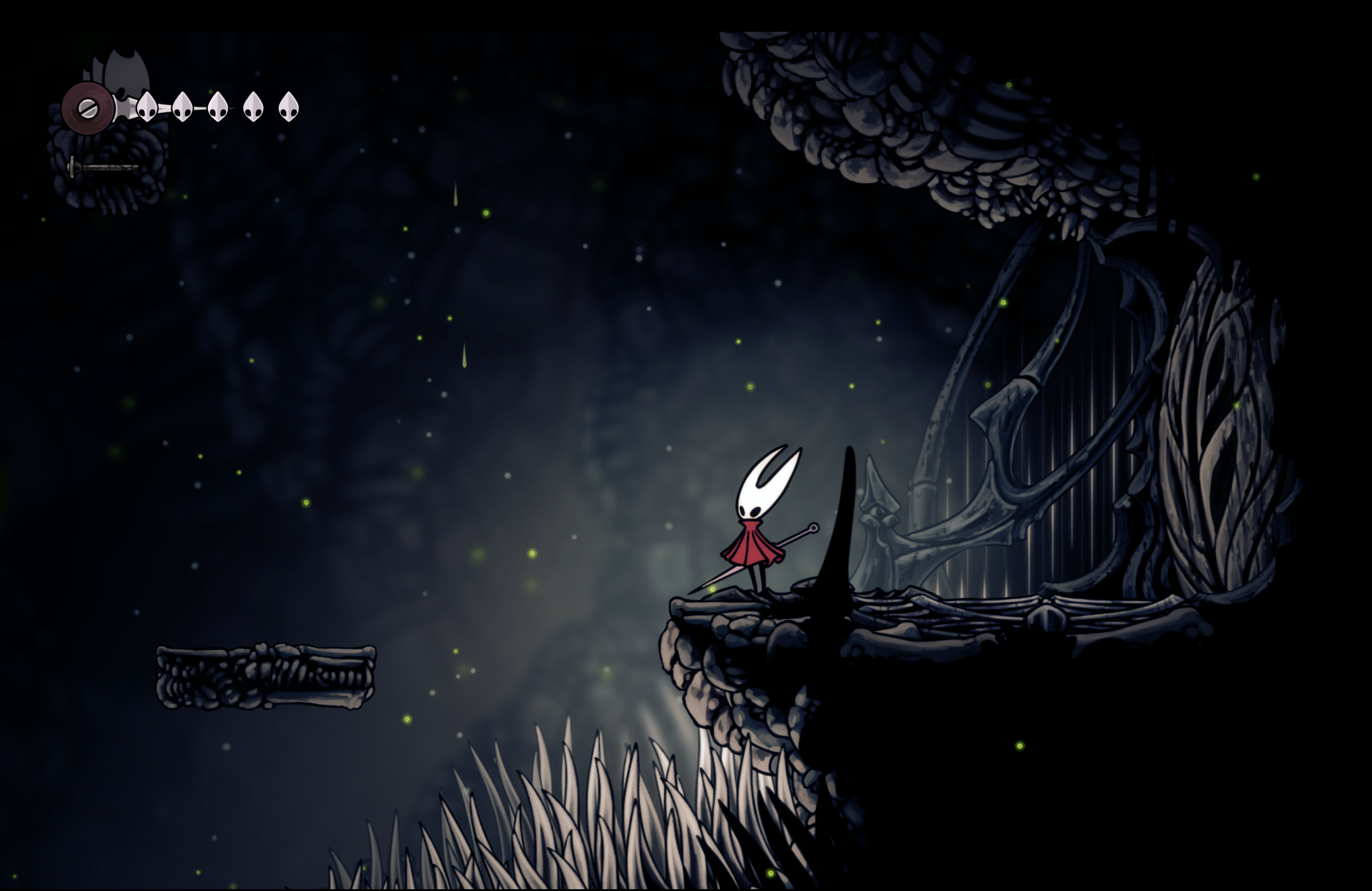 Hornet stands in a dark, blue-lit chamber beneath a carved stone structure.
