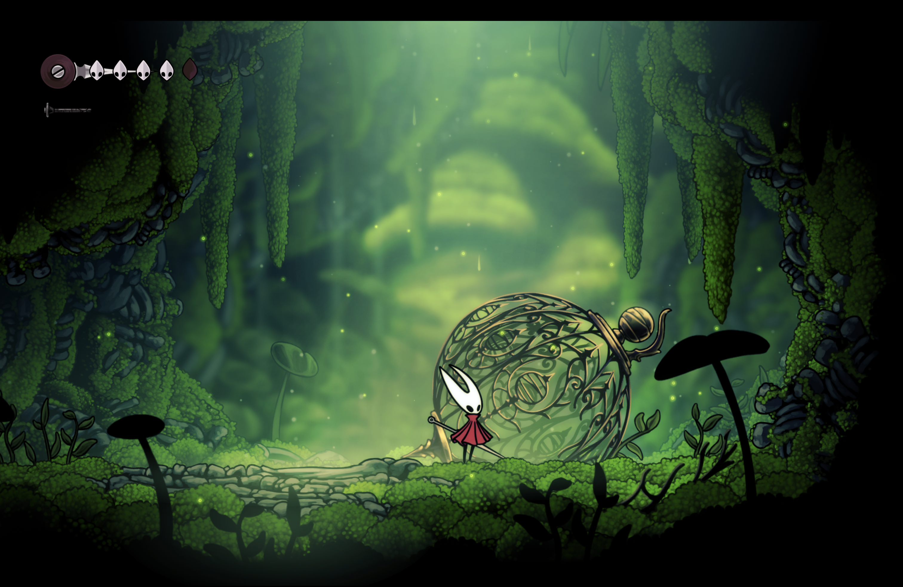 Hornet stands before a large, leaf-covered structure in a luminous green cavern.